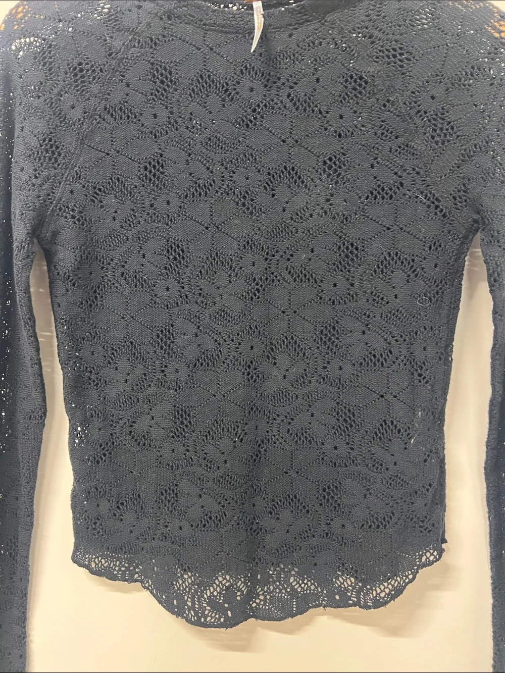 Free People Black Floral Crochet Long Sleeve Top